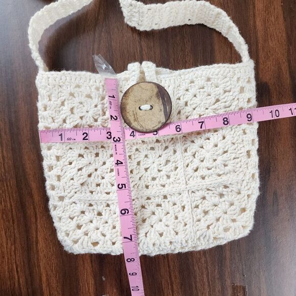 New Handmade Crochet Cotton Granny Square Crossbody Mini Bag Lined Purse Cream - Picture 6 of 11